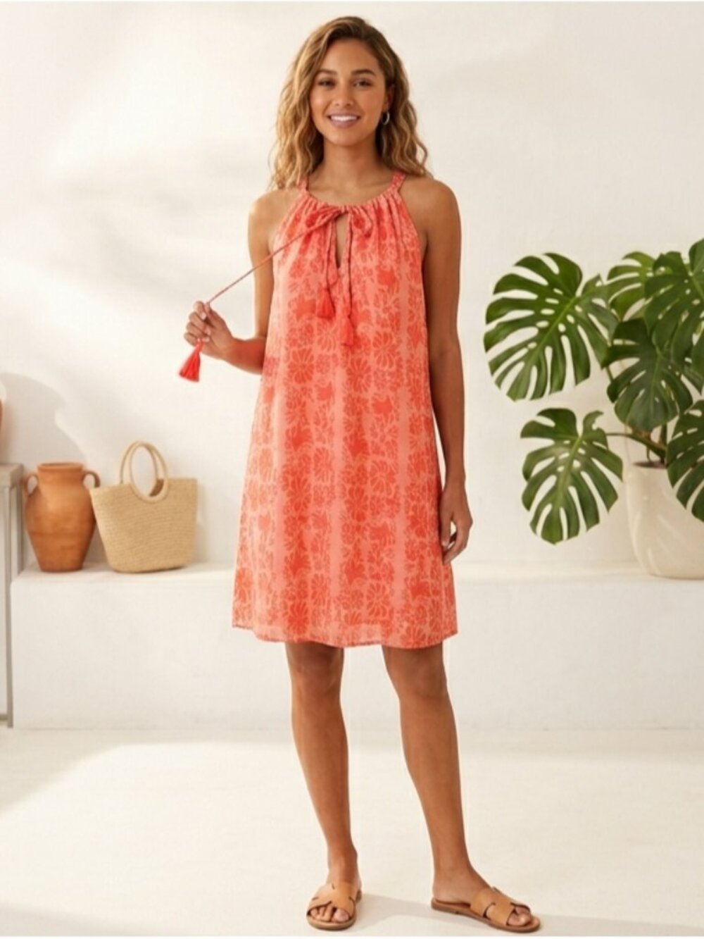 Mersea Light & Breezy Dress Coral Tropical Floral Size S Tassels Vacation New